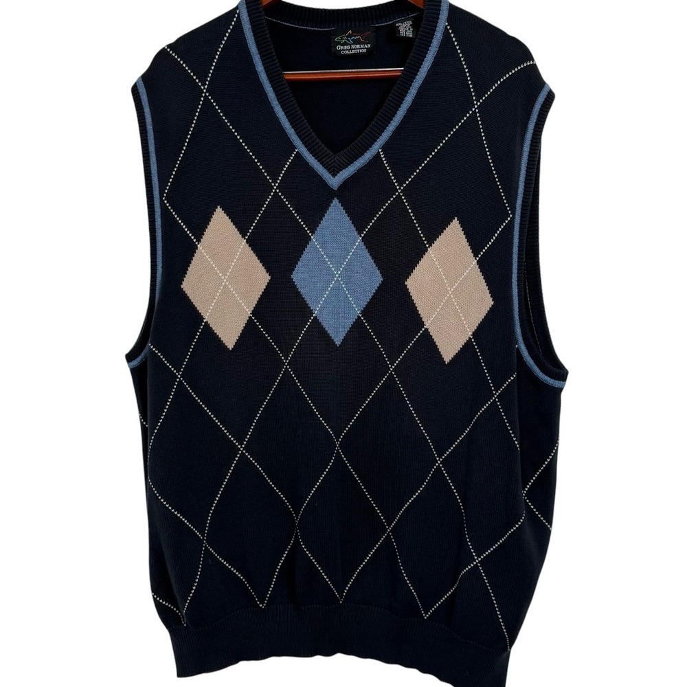 Greg Norman Collection Mens XXL Navy Blue Argyle Cotton V-Neck Golf Sweater Vest